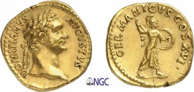 45-Domitien (81-96)
 Aureus - Rome (92-94)
 Av. : Tête laurée de Domitien à droite.
 Rv. : Minerve debout à droite lançant un javelot et tenant un...