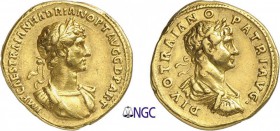 46-Hadrien (117-138)
 Aureus - Rome (118)
 Av. : Buste lauré, drapé et cuirassé d'Hadrien à droite.
 Rv. : Buste lauré, drapé et cuirassé de Trajan...