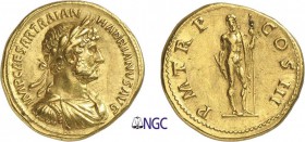 47-Hadrien (117-138)
 Aureus - Rome (119-122)
 Av. : Buste lauré, drapé et cuirassé d’Hadrien à droite.
 Rv. : Jupiter debout tenant un foudre et u...