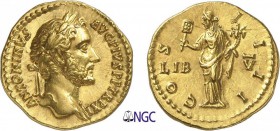 51-Antonin le Pieux (138-161)
 Aureus - Rome (147-148)
 Av. : Tête laurée d’Antonin le Pieux à droite.
 Rv. : La Libéralité debout à gauche tenant ...