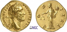 52-Antonin le Pieux (138-161)
 Aureus - Rome (148-149)
 Av. : Tête laurée d’Antonin le Pieux à droite.
 Rv. : L’Equité debout à gauche tenant une b...