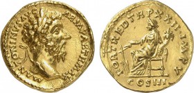 56-Marc-Aurèle (161-180)
 Aureus - Rome (168)
 Av. : Buste lauré de Marc-Aurèle à droite.
 Rv. : La Fortune assise à gauche tenant un gouvernail et...