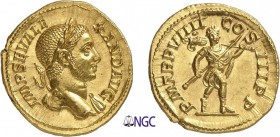65-Alexandre Sévère (222-235)
 Aureus - Rome (230)
 Av. : Buste lauré et drapé d'Alexandre Sévère à droite.
 Rv. : Romulus portant la couronne radi...