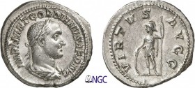 66-Gordien II (238)
 Denier - Rome (238)
 Av. : Buste drapé, cuirassé et lauré de Gordien II à droite.
 Rv. : Virtus debout à gauche tenant un bouc...