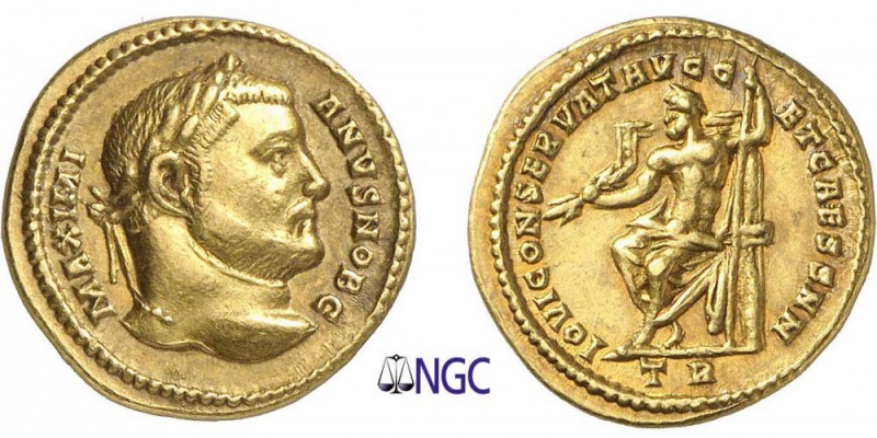 75-Galère Maximien (305-311)
 Aureus - Trèves (295-305)
 Av. : Tête laurée de ...