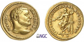75-Galère Maximien (305-311)
 Aureus - Trèves (295-305)
 Av. : Tête laurée de Galère à droite.
 Rv. : Jupiter assis à gauche, tenant un foudre et u...