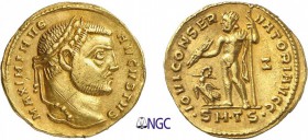 76-Maximin II Daïa (310-313)
 Aureus - Thessalonique (311-313)
 Av. : Tête laurée de Maximin II à droite.
 Rv. : Jupiter nu debout à gauche, avec l...