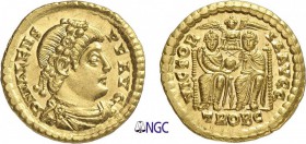 86-Valens (364-378)
 Solidus - Trèves (374-375)
 Av. : Buste diadémé et drapé de Valens à droite.
 Rv. : Valens et Valentinien assis de face, soute...