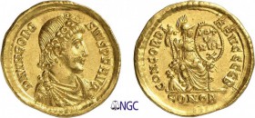 93-Théodose Ier (379-395)
 Solidus - Constantinople (383-388)
 Av. : Buste diadémé, drapé et cuirassé à droite de Théodose.
 Rv. : Rome assise de f...