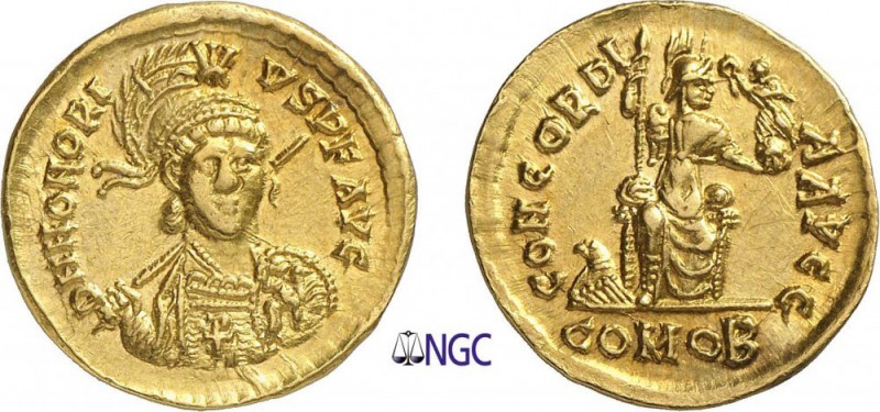 95-Honorius (393-423)
 Solidus - Thessalonique (402-403)
 Av. : Buste casqué, ...
