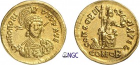 95-Honorius (393-423)
 Solidus - Thessalonique (402-403)
 Av. : Buste casqué, diadémé et cuirassé d'Honorius de face,
 tenant une haste et un boucl...