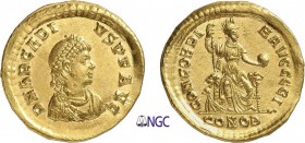 97-Arcadius (383-408)
 Solidus - Constantinople (397-402)
 Av. : Buste diadémé, drapé et cuirassé d'Arcadius à droite.
 Rv. : Constantinople assise...