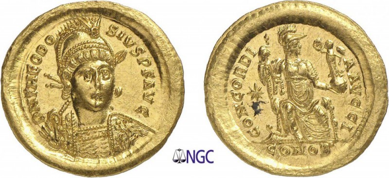 99-Théodose II (402-450)
 Solidus - Constantinople (408-420)
 Av. : Buste casq...