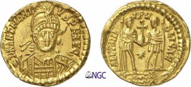 104-Anthême (467-472)
 Solidus - Rome (467)
 Av. : Buste casqué et cuirassé d’Anthême de face, tenant une
 haste dirigée à droite.
 Rv. : Anthême ...