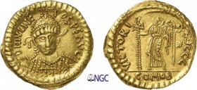 107-Julius Nepos (474 à 475)
 Solidus - Atelier indéterminé
 Av. : Buste casqué et cuirassé de Julius Nepos de face, tenant
 une haste dirigée à dr...
