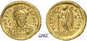 109-Zénon, second règne (476-491)
 Solidus - Constantinople (476-491)
 Av. : Buste casqué, diadémé et cuirassé de Zénon de face, tenant
 une haste ...