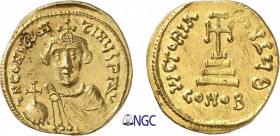 112-Constans II (641-668)
 Solidus - Constantinople (641-646)
 Av. : Buste couronné de Constans de face tenant un globe
 crucigère.
 Rv. : Croix p...