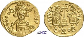 115-Constantin IV Pogonatus (654-685)
 Solidus - Constantinople (681-685)
 Av. : Buste casqué et cuirassé de Constantin de face tenant une
 haste d...