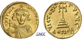 116-Justinien II, premier règne (685-695)
 Solidus - Constantinople (686-687)
 Av. : Buste couronné de Justinien de face tenant un globe
 crucigère...