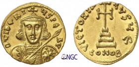 118-Tibère III (698-705)
 Solidus - Constantinople (698-705)
 Av. : Buste couronné de Tibère de face tenant une haste dirigée
 à droite et un boucl...