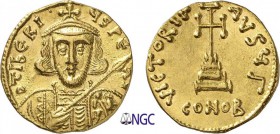 119-Tibère III (698-705)
 Solidus - Constantinople (698-705)
 Av. : Buste couronné de Tibère de face tenant une haste dirigée
 à droite et un boucl...