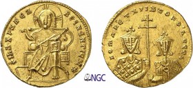 120-Constantin VII et Romain I (913-959)
 Solidus - Constantinople (921)
 Av. : Christ drapé nimbé d’une croix assis de face.
 Rv. : Bustes de Roma...