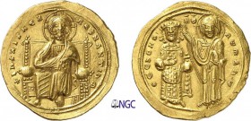 122-Romain III (1028-1034)
 Histamenon Nomisma - Constantinople (1028-1034)
 Av. : Christ drapé nimbé d’une croix assis de face.
 Rv. : Romain debo...
