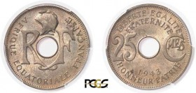 128-Afrique Equatoriale Française
 25 centimes - 1943 Pretoria.
 Rarissime.
 Le plus bel exemplaire gradé.
 3.8g - Lec. 7 - KM 5
 FDC Exceptionne...
