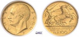 140-Albanie
 Ahmed Zogu (1925-1939)
 Essai du 100 francs or avec 1 étoile - 1927 R Rome
 PROVA.
 Très rare avec une étoile.
 50 exemplaires.
 32...