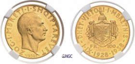 146-Albanie
 Ahmed Zogu (1925-1939)
 100 francs or - 1938 R Rome.
 10ème anniversaire du règne.
 Très rare - 500 exemplaires.
 32.25g - KM 26 - F...