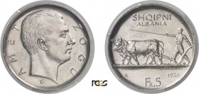 151-Albanie
 Ahmed Zogu (1925-1939)
 5 francs avec une étoile - 1926 R Rome.
 Légèrement nettoyé.
 25.0g - KM 8.2 - Mont. 42
 FDC - PCGS UNC Deta...