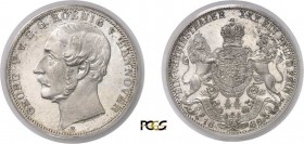 179-Allemagne - Hanovre
 Georges V (1851-1866)
 1 thaler - 1866 B Hanovre.
 D’une qualité exceptionnelle.
 Le plus bel exemplaire gradé.
 18.52g ...