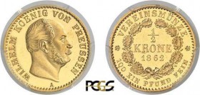 185-Allemagne - Prusse
 Guillaume I (1861-1888)
 Epreuve sur flan bruni du 1/2 couronne or - 1862 A
 Berlin.
 Rarissime.
 Le plus bel exemplaire ...