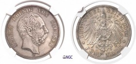 202-Allemagne - Empire (1871-1918)
 Saxe - Albert (1873-1902)
 5 marks - 1902 E Muldenhütten.
 Deuxième plus haut grade.
 Exemplaire de la vente H...