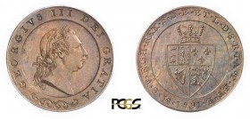 240-Angleterre
 Georges III (1760-1820)
 Epreuve en cuivre sur flan bruni du 1 guinée or - 1791.
 Frappe médaille.
 Rarissime.
 Le plus bel exemp...