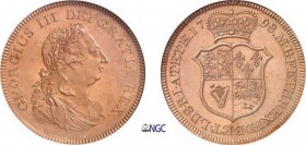 250-Angleterre
 Georges III (1760-1820)
 Epreuve en cuivre sur flan bruni du 1 dollar - 1798.
 Très rare et de qualité remarquable.
 Le plus bel e...