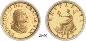 258-Angleterre
 Georges III (1760-1820)
 Epreuve en cuivre doré sur flan bruni du 1/2 penny
 1799.
 Deuxième plus haut grade.
 Spink 3778 - KM ma...