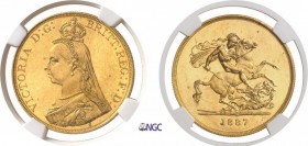 268-Angleterre
 Victoria (1837-1901)
 5 souverains or - 1887.
 D’une incroyable qualité.
 Le plus bel exemplaire gradé.
 Exemplaire de la vente G...