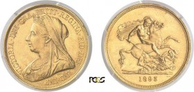 272-Angleterre
 Victoria (1837-1901)
 5 souverains or - 1893.
 Très rare dans cette qualité.
 Deuxième plus haut grade.
 39.94g - Spink 3872 - KM...