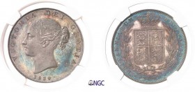 283-Angleterre
 Victoria (1837-1901)
 Epreuve sur flan bruni de la 1/2 couronne - 1839.
 Tranche lisse - Frappe médaille - WW en relief.
 Rarissim...