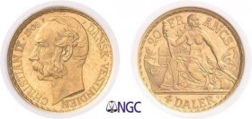 297-Antilles Danoises
 Christian IX (1863-1906)
 4 dalers / 20 francs or - 1905.
 Année rare.
 6.45g - KM 72 - Fr. 2
 Superbe à FDC - NGC MS 62
