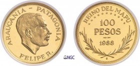 304-Araucanie-Patagonie
 Philippe Ier (1951-2014)
 Epreuve sur flan bruni du 100 pesos or - 1988.
 Rarissime - 10 exemplaires.
 Le plus bel exempl...