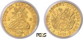 306-Argentine
 Confédération (1831-1852)
 2 escudos or - 1843 RB La Rioja.
 D’une qualité exceptionnelle.
 Le plus bel exemplaire gradé.
 6.75g -...