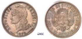 307-Argentine
 République (1862 à nos jours)
 Essai-Piéfort du 1 patacon - 1879 - C. WURDEN
 D’une insigne rareté - Monnaie illustrant le KM.
 Exe...