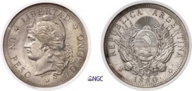 309-Argentine
 République (1862 à nos jours)
 Essai du 1 peso - 1880 - OUDINE.
 Rarissime.
 25.0g - KM Pn20
 Superbe à FDC - NGC MS 62