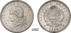 312-Argentine
 République (1862 à nos jours)
 50 centavos - 1883 - OUDINE
 Magnifique exemplaire.
 12.5g - KM 28
 Superbe à FDC - NGC MS 61