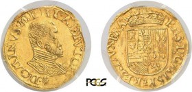 334-Belgique - Brabant
 Philippe II (1580-1598), seconde période
 1/2 réal d'or - ND (1586-1598) - Anvers.
 Rarissime émission de la seconde périod...