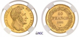 337-Belgique
 Léopold Ier (1831-1865)
 Epreuve du 40 francs or - 1835.
 Tranche inscrite en creux, position A - Frappe monnaie.
 Rarissime frappe ...