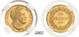 338-Belgique
 Léopold Ier (1831-1865)
 Epreuve sur flan bruni du 20 francs or - 1835.
 Tranche inscrite en creux, position B - Frappe monnaie.
 Ra...