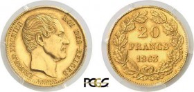 339-Belgique
 Léopold Ier (1831-1865)
 Epreuve du 20 francs or - 1863 - Wiener.
 Tranche inscrite en creux.
 D'une insigne rareté - Unique ?
 Exe...